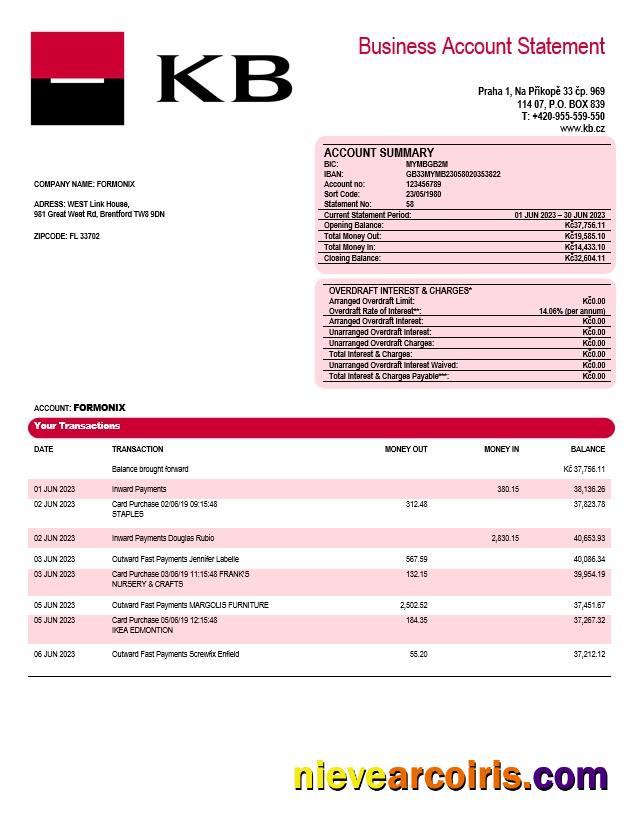 Komercní banka corporate checking account statement
